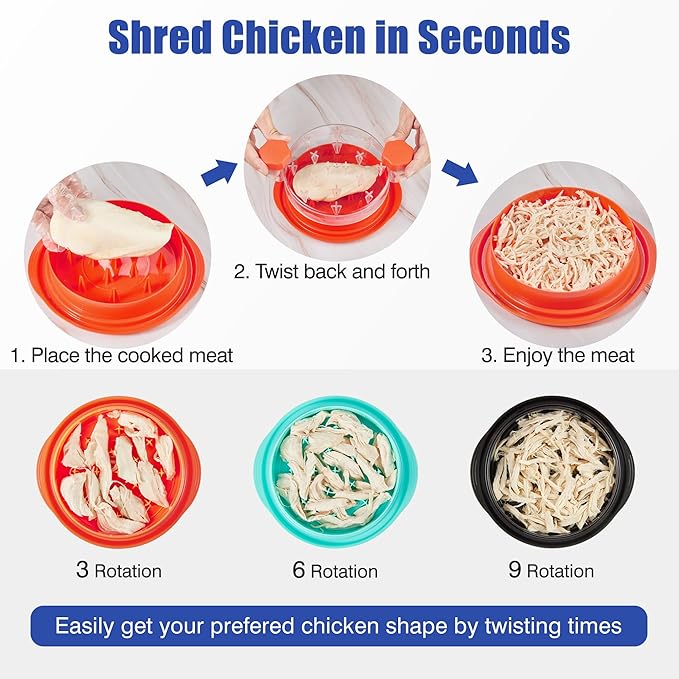 Chicken Shredder Tool Twist: 2026 Pro Food-Grade Visible Meat Shredder with Strong Anti-Slip Base, Ergonomic Handle, Chicken Breast Shredder, Suitable for Pork Beef Chicken (Orange)