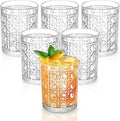 Vintage Hexagon Gemstone Pattern Drinking Glasses Set of 6, 12 oz Embossed Short Water Glasses, Clear Thick Glass Cups for Juice, Iced Coffee, Cocktails, Home & Party Use