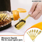 Rainspire Heavy Duty Measuring Spoons Set Stainless Steel, Metal Measuring Cups and Spoons Set for Dry or Liquid, Fits in Spice Jar, Home Gadgets Kitchen Gadgets, Set of 7 Including Leveler, Gold