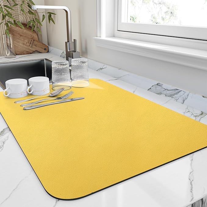HotLive Dish Drying Mat for Kitchen Counter, Heat Resistant Drainer Mats with Non-slip Rubber Backed, Hide Stain Kitchen Super Absorbent Draining Mat, Easy to Clean Dish Rack Pad, Yellow 16"x20"