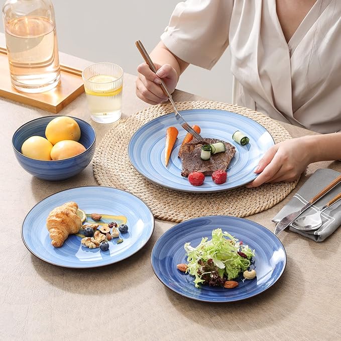Selamica Ceramic Dinnerware Sets, 12 Pieces Plates and Bowls Sets, Scratch Resistant Dishes Set for 4, Handpainted Swirl Dishware Sets with Spray Black Dots, Dishwasher&Microwave Safe, Gradient Blue