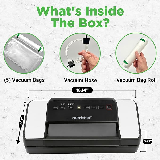 Nutrichef Automatic Food Vacuum Sealer with Double Sealing Function, Electric Air Sealing System for Dry, Liquid & Moist Foods, Reduces Food Waste, Preserve Freshness of Proteins, Fruits, Vegetables