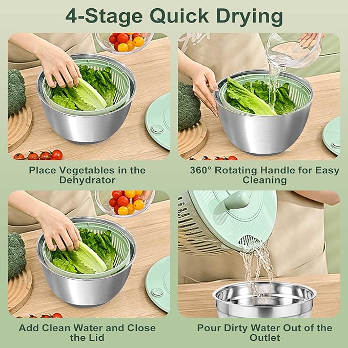 Stainless Steel Salad Spinner, 5.2 Qt Lettuce Spinner with Drain and 3-in-1 Mixing Bowl with 6 Blade Slicer, Multifunctional for Salad, Fruits