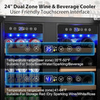 24" Dual Zone Wine & Beverage Refrigerator – Under Counter Cooler with Upgraded Cooling & Blue LED Light, Hold 20 Bottles and 88 Cans Large Capacity Wine Fridge, Built-In or Freestanding – Black