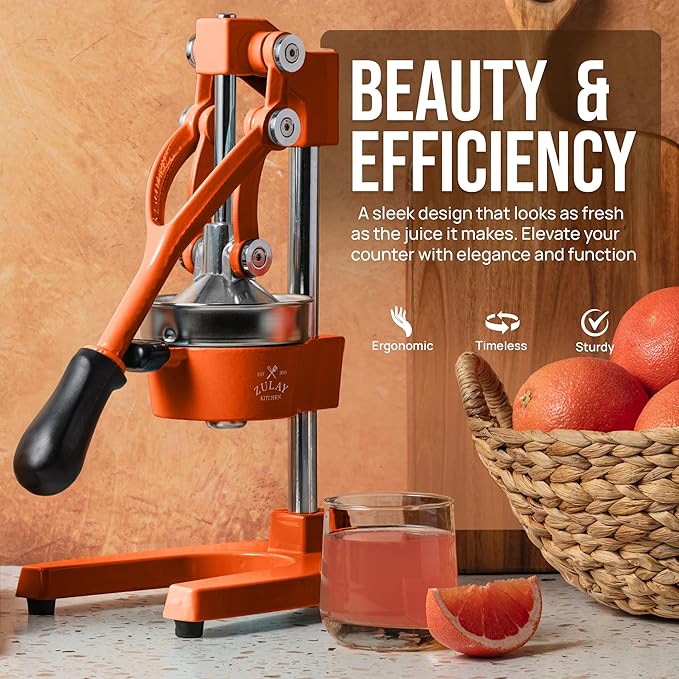 Zulay Kitchen Cast Iron Juicer - Easy-to-Clean Heavy-Duty Manual Juicer, Professional Citrus Juicer - Stainless Steel Lemon Squeezer - Manual Citrus Press & Orange Squeezer - Orange Juicer (Orange)