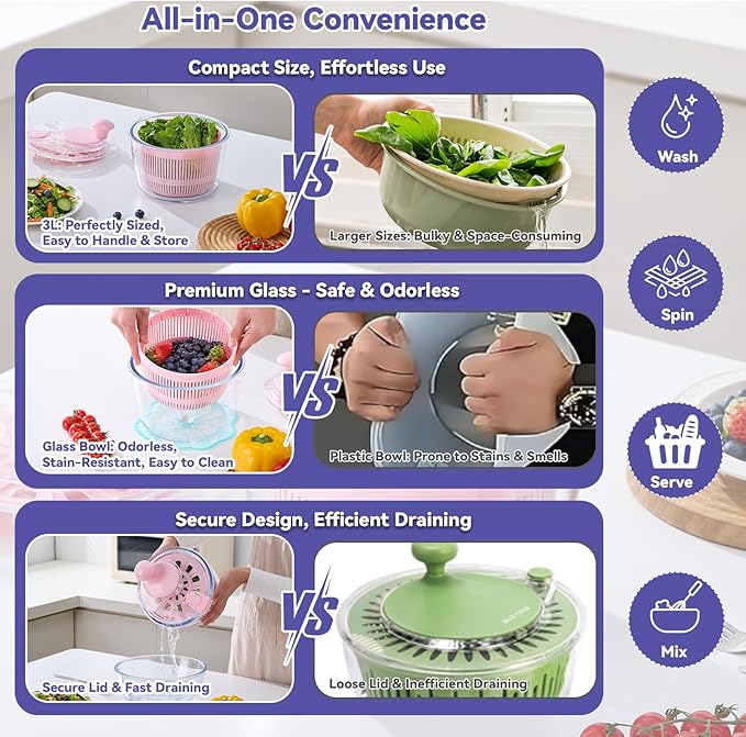 Good Grips 3.2 Qt Glass Salad Spinner Small Vegetable Dryer with Drain Microwave Safe Dishwasher Safe with Transparent Lid Crank Handle Quick Spin Greens Washer for Lettuce Herbs Fruits Pink