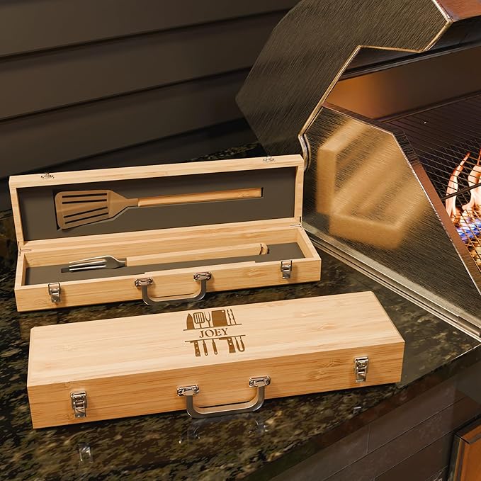 The Flame - Personalized BBQ Tool Set - 3 Utensils + Bamboo Box - BBQ Grilling Accessories - Grill Gifts for Him, Men, Dad, Husband - Smoker Accessories - Grill Utensils Set - Unique Men Birthday Gift