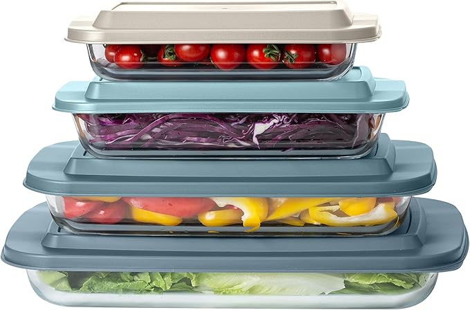 COOK WITH COLOR 8-Piece Deep Glass Baking Dish Set with Plastic Lids – Casserole and Food Storage Containers for Lasagna, Leftovers – Freezer-to-Oven, Microwave & Dishwasher Safe, Blue