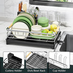 Epicano Dish Drying Rack for Kitchen Counter,Space-Saving Dish Rack,Rustproof Dish Drainer with Utensil Holder and Knife Slots for Sink,Kitchen Drying Rack with Wooden Handle and Cup Holder, Silver