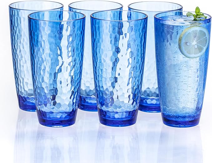 26oz Blue Acrylic Glasses Drinkware (Set of 6), Hammered Design Shatter-Proof Plastic Cups, Reusable Plastic Large Drinking Tumblers, Stackable, BPA-Free, Dishwasher-Safe