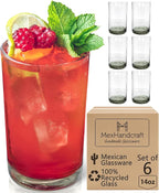 Clear 14 oz Drinking Glasses (Set of 6) - Hand Blown Mexican Glassware Recycled Glass Drinking Glasses for Water, Juice, Margarita, Cocktails & Whiskey, Lead-Free Toxin Free