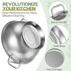 Bokon 3 Pcs Stainless Steel Colander Set Colander Bowl and Sieves 1/3/5 Quart Metal Mesh Strainer Net Basket with Handles Food Spaghetti Strainer for Kitchen Draining Pasta Rinsing(Silver)