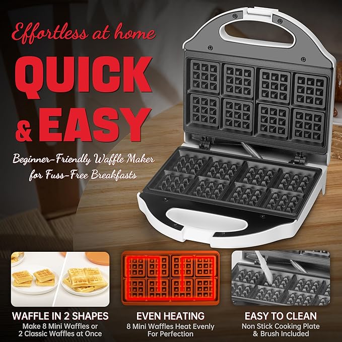 Square Waffle Maker, 2 x 4" Mini Classic Waffles Maker Machine, Waffle Iron, Dual Cooking Plates for Family Breakfast, Non-stick, White