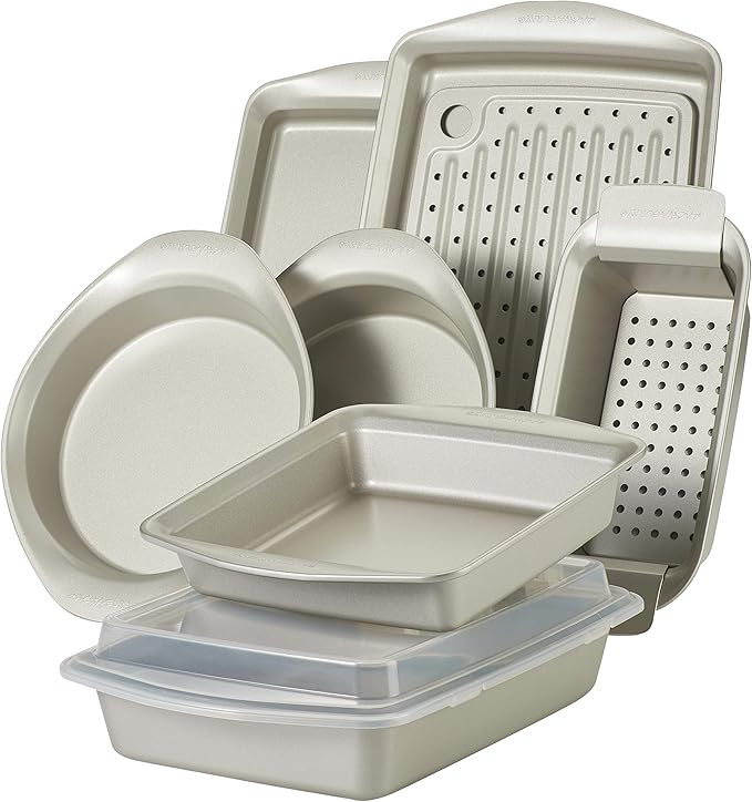 Rachael Ray Nonstick Bakeware Set without Grips includes Nonstick Bread Pan, Baking Pans, Cake Pans, Cookie Sheet / Baking Sheet - 10 Piece, Silver