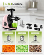 Jocuu Slow Masticating Juicer with 2-Speed Modes - Cold Press Juicer Machine - Quiet Motor & Reverse Function - Easy to Clean Juicer Extractor - Juice Recipes for Fruits & Vegetables (Light Pink)