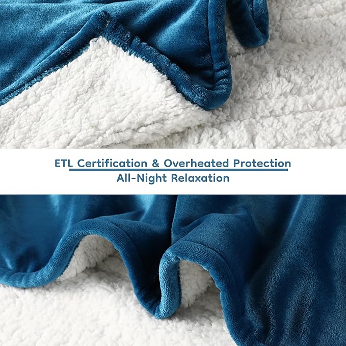 Electric Heated Blanket Queen Size - 84"x90", Soft Flannel Heating Blanket, 10 Heating Levels, 1-12 H Auto Shut Off, Dual Controllers, Breathable Warm and Washable for Bed, Lake Blue