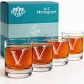 Monogrammed Gifts for Men - 4PC 11 Oz Custom Whiskey Glasses (V-Monogram) - Engraved Whiskey Glasses - Personalized Whiskey Glasses - Unique Bourbon Glasses - Personalized Glass Gifts for Dad