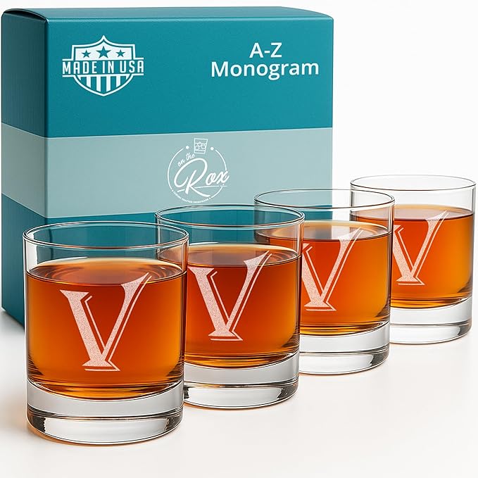 Monogrammed Gifts for Men - 4PC 11 Oz Custom Whiskey Glasses (V-Monogram) - Engraved Whiskey Glasses - Personalized Whiskey Glasses - Unique Bourbon Glasses - Personalized Glass Gifts for Dad