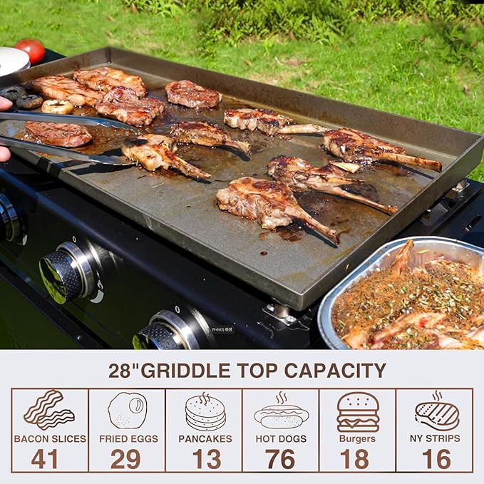 KingChii 28" 3-Burner Griddle with Integrated Protective Hood and Counter Height Side Shelves, Powder Coated Steel, Black