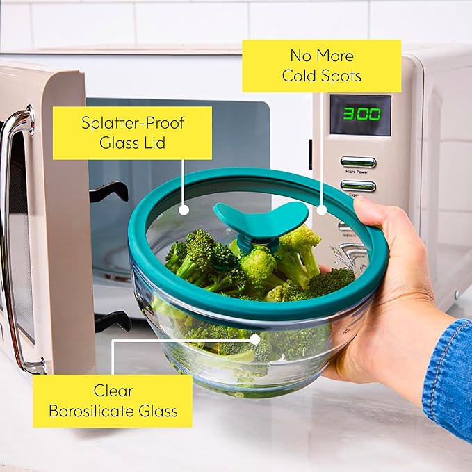 Anyday 2-Pack (4-Cup Shallow) Glass Food Storage with Glass Lids | Plastic-Free Meal Prep & Microwave Cookware | Stackable Airtight Storage Container with Vented Lid for Microwave-Safe Reheating