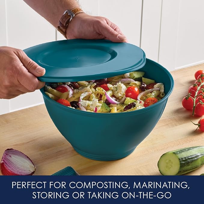 Rachael Ray Tools and Gadgets Kitchen Prep, Garbage Bowl with Lid, Bench Scrape, Veggie Peeler, 4 Piece Food Prep Set - Marine Blue