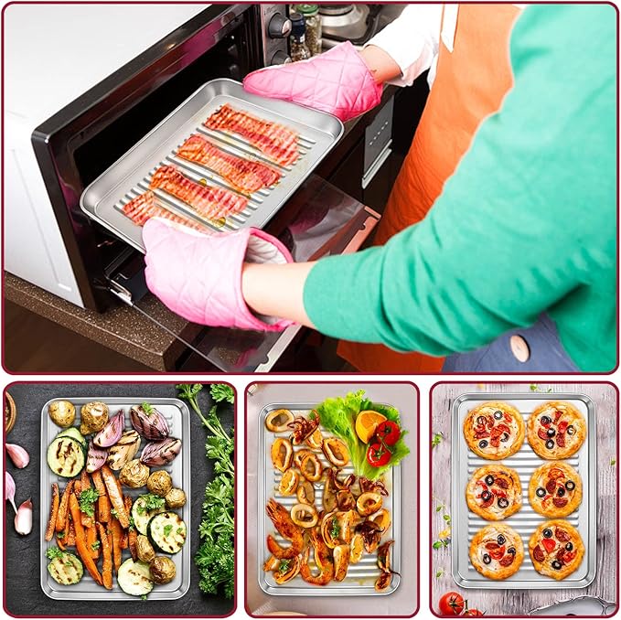 P&P CHEF 9 x 7 x 1 Inch Mini Toaster Oven Pan, Stainless Steel Small Baking Pan Oven Tray for Cooking & Roasting, Corrugated Bottom, Healthy & Sturdy, Dishwasher Safe - 2Pcs