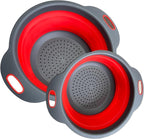 Red Kitchen Strainer Colander Set - 2 PCS Silicone Food Strainers for Kitchen Collapsible Colander with Plastic Handles for Pasta and Spaghetti Multifunctional