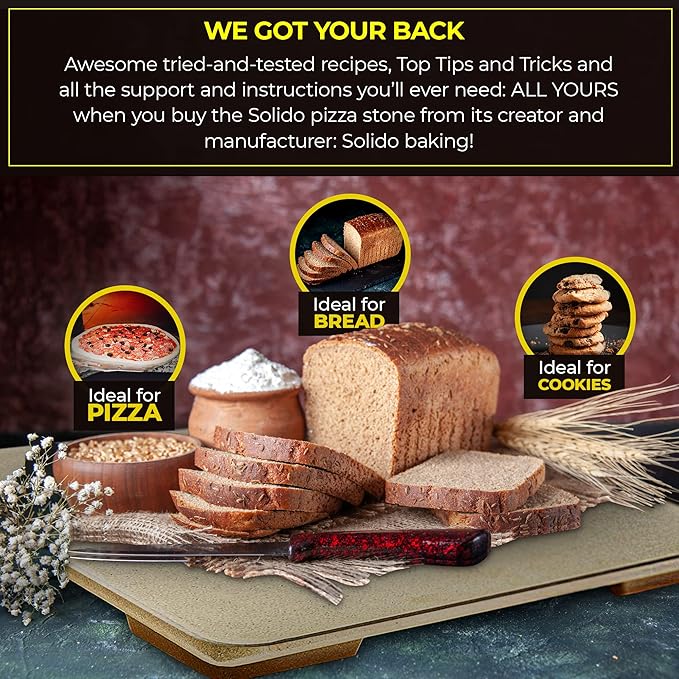 Pizza Stone - Baking Stone. SOLIDO Rectangular 14"x16" - Perfect for Oven, BBQ and Grill