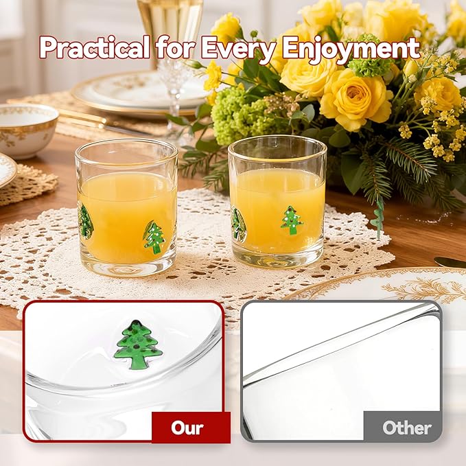 2 Pcs Handmade Christmas Tree Icon Juice Glass Cup, 14 oz Double Old Fashioned Stemless Wine Cocktail Drinking Glass Cup for Holiday Party Supplies Xmas Gifts