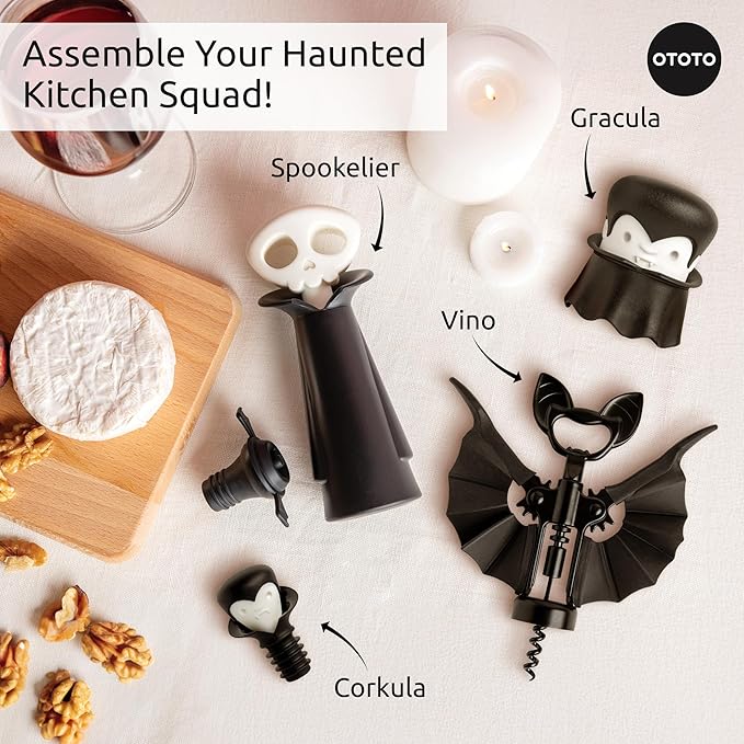 OTOTO New Spookelier Wine Saver Pump and 3 Wine Stopper - Wine Bottle Stoppers for Wine Bottles, Wine Stoppers Vacuum, Spooky Goth Accessories, Fun Skull Halloween Goth Kitchen, Goth Gifts Gadgets