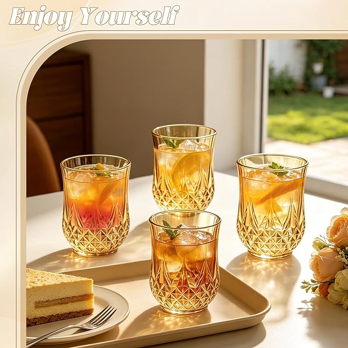 12 Pack Plastic Stemless Wine Glasses,12oz Unbreakable Vintage Elegant Drinking Glass Set,Reusable Fancy Cocktail Cups for Party, Wedding, and Bulk Events (12, 12oz-Gold)