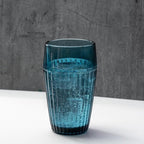 Blue Drinking Glasses Set of 4, 14 oz Ribbed Textured Glass Tumblers, Tall Retro Colored Drinkware for Water & Cocktails, Decorative Highball Glasses for Home & Bar, Modern Vintage Glassware Gift Set
