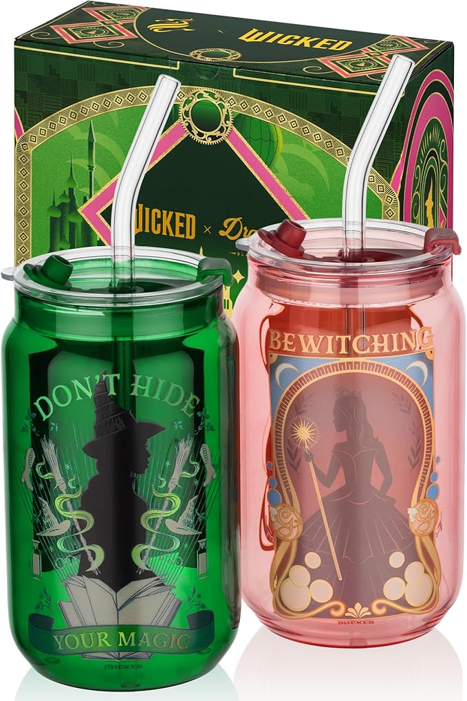 Dragon Glassware x Wicked 16 oz Drinking Glasses Set of 2 - Glass Cups with Lids and Straws - Iced Coffee Cups with Lids - Reusable Glass Tumbler with Straw and Lid - Enchanted