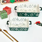 Domini Casserole Dishes for Oven, Ceramic Baking Dishes for Oven Set of 2, Lasagna Pan Deep, Baking Pan Set Square Casserole Dish Set with Handles for Baking, Pattern Green(11.4+8.5inch) Christmas