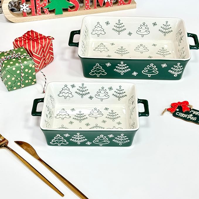 Domini Casserole Dishes for Oven, Ceramic Baking Dishes for Oven Set of 2, Lasagna Pan Deep, Baking Pan Set Square Casserole Dish Set with Handles for Baking, Pattern Green(11.4+8.5inch) Christmas