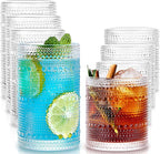 Hobnail Drinking Glasses Set of 8, 4 Highball Glasses 15oz,4 Rocks Glasses 12oz,Mixed Drink Cocktail Glass, Vintage Embossed Glassware Sets for Whiskey,mocktails, Water & Juice Drinkware