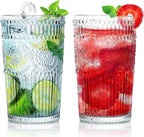 Loivttvv 6pcs Vintage Drinking Glasses Set, 12 oz Clear Highball Glasses, Embossed Ribbed Glassware Cups for Cocktail, Water, Juice, Coffee, Whiskey