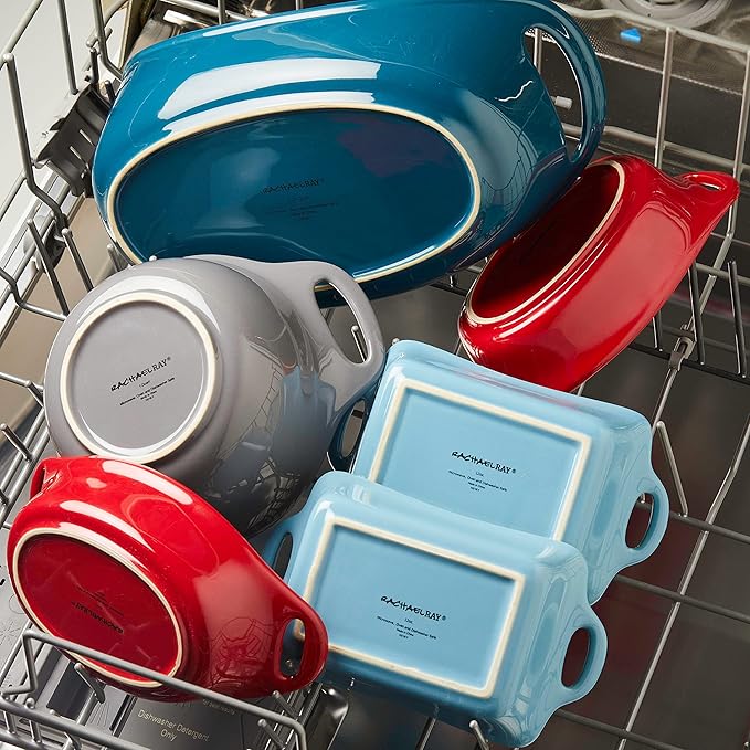 Rachael Ray Solid Glaze Ceramics Casserole Bakeware/Baker Set with Shared Lid, 3 Piece, Teal
