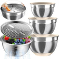 Nicdiet Mixing Bowls with Airtight Lids, Stainless Steel Mixing Bowl Set with 3 Metal Nesting Bowls, Colander & Grater, Non-Slip Bottoms, Size 1.5, 2.5, 5 QT, Great for Mixing & Serving, Khaki