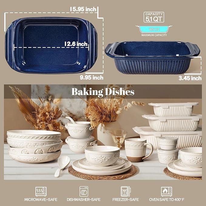 Artena Baking Dish 5.1 Quarts, Casserole Dishes For Oven, Baking Pan With Handles, Lasagna Pan Deep, Large Casserole Dish, Rectangular White Ceramic Bakeware, Blue (Only Baking Dish)