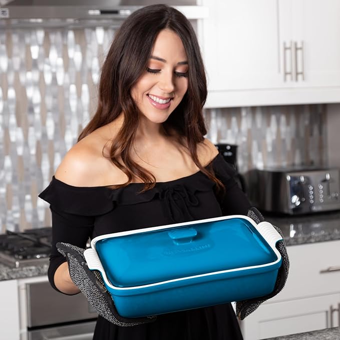 ROSSALLINI Stoneware Casserole Dish Bakeware Set with Lid, Covered Rectangular Dinnerware, Extra Large 4.23 Quart, 13 by 9 Inch, Ocean Blue