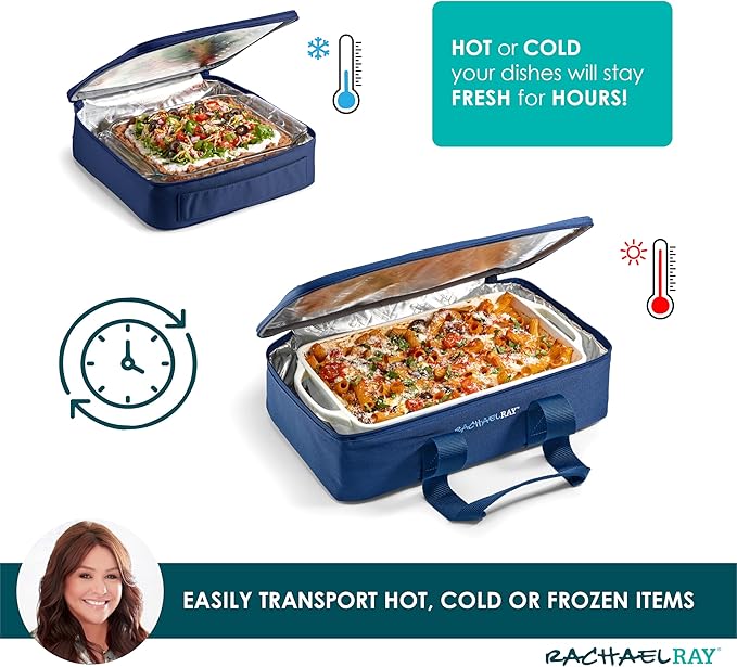 Rachael Ray Lugger Duo, Insulated Casserole Carrier for Hot or Cold Food, Thermal Lasanga Lugger Tote for Potluck, Parties, Picnic, and Cookouts, Fits 9" x 13" Baking Dish, Navy Gingham
