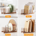 HBlife 4pcs Acacia Wooden Dish Dying Rack Pot Lid Plate Organizer Holder for Cabinet, Cutting Board Stand Drainer Storage Plate Rack for Dish, Pot Lid, Bowl, Cup, Cutting Board and Books