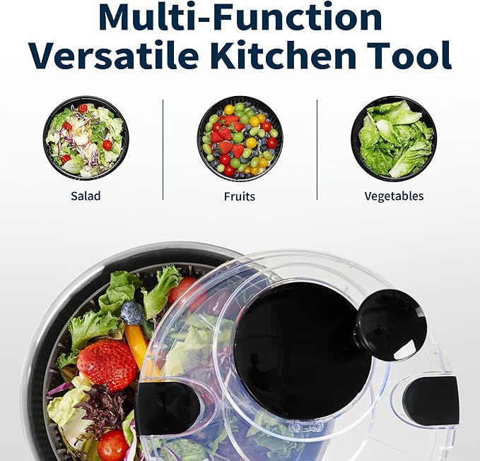 Stainless Steel Salad Spinner, 4.8 Qt Vegetable Washer, BPA-Free Lettuce Dryer with Crank Design, Dishwasher Safe, Non-Slip Base - Transparent Lid