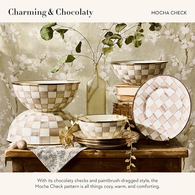 MACKENZIE-CHILDS Enamel Everyday Bowl, Serving Bowl for Entertaining, Medium, Brown-and-White Mocha Check