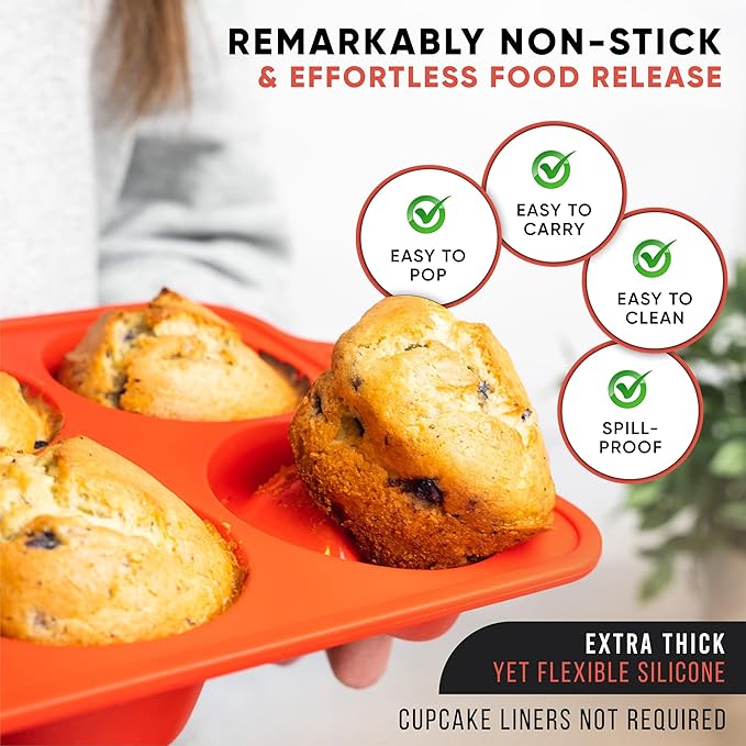 BAKE BOSS Regular Size 6 Cup Muffin Pan – Silicone Muffin Pans for Baking with Metal Handles – Nonstick Silicone Cupcake Pan, Easy-Release, BPA-Free Muffin Tray, Oven & Dishwasher Safe – Red