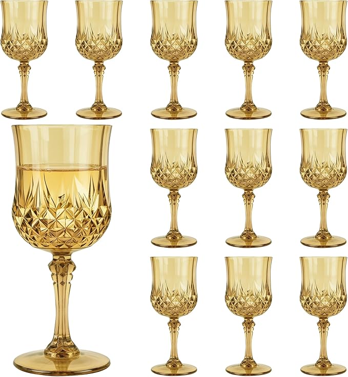 Plastic Wine Glasses, Plastic Goblets Vintage Style Cordial Unbreakable Drinking Glasses, Reusable Drinkware for Wedding Reception, Grand Event Party Supplies (12, Gold)