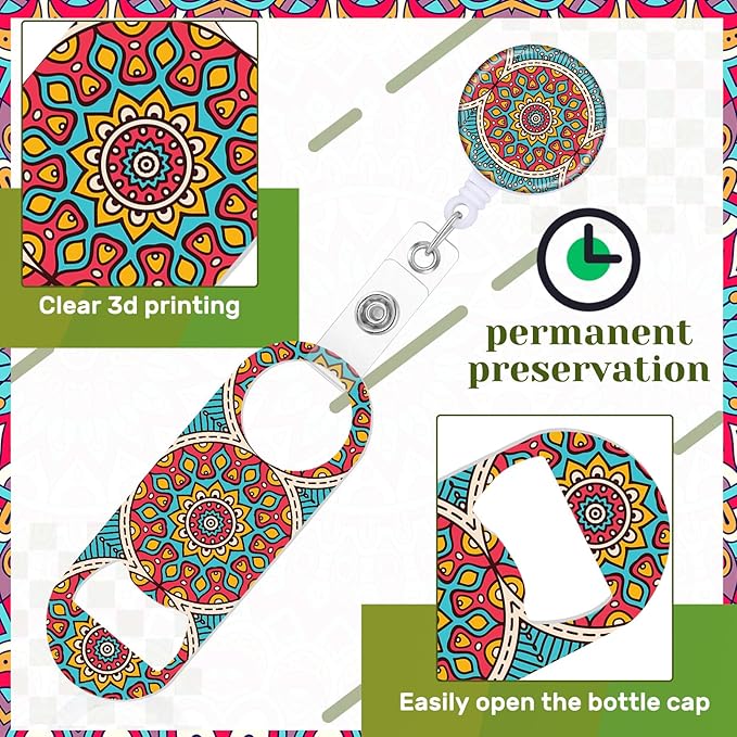 Irenare 6 Pcs Flat Bottle Openers Retractable Bar Keys for Bartenders Stainless Steel Beer Bottle Opener with Belt Clip and Round Badge Reel Bartender Gifts for Women Men(Mandala Style)