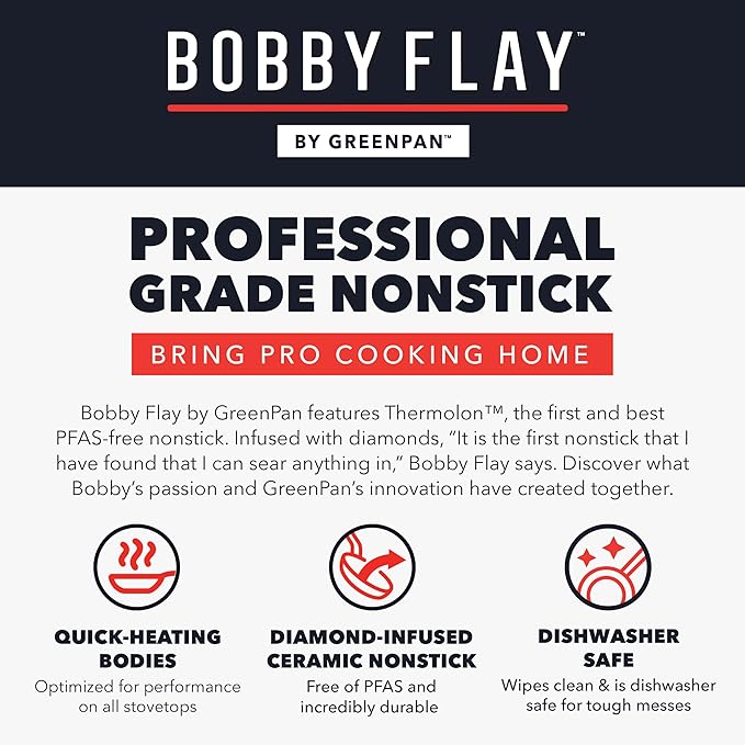GreenPan x Bobby Flay 1.67QT Nonstick Saucepan with Glass Lid, PFAS-Free Diamond Ceramic, Induction Suitable, Stay-Cool Silicone Handle, Easy Clean Dishwasher & Oven Safe, Chef Pan, Cream