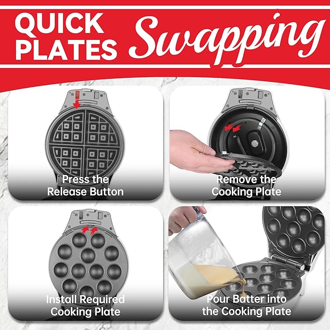 Thick Belgian Waffle Maker with 3 Removable Plates, 7” Non Stick Belgian Waffle Iron Removable Plates, 3 in 1 Mini Donut Maker Machine, Cake Pop Maker Machine Set with Accessories & Tools
